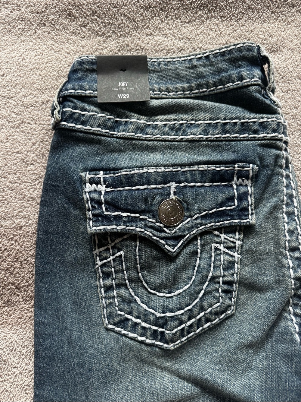 True Religion Dark Blue Flare Jeans with White Contrast Stitching